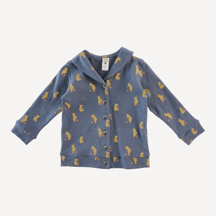 shawl collar cardigan | stone blue pooh | organic cotton interlock