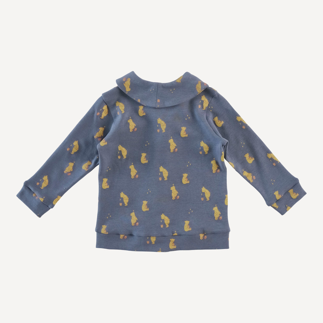 shawl collar cardigan | stone blue pooh | organic cotton interlock