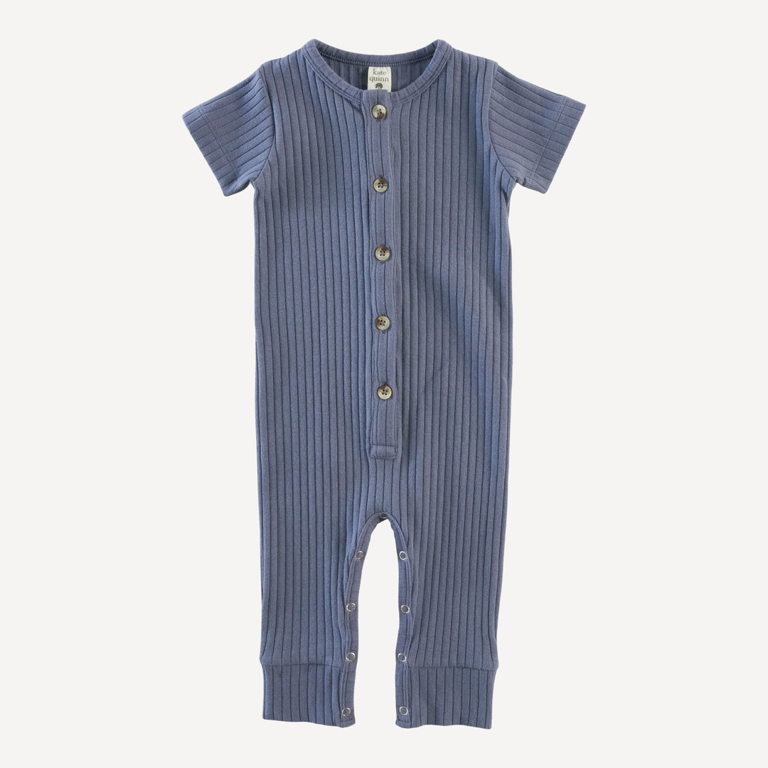 short sleeve button sport union suit | stone blue | organic cotton wide rib