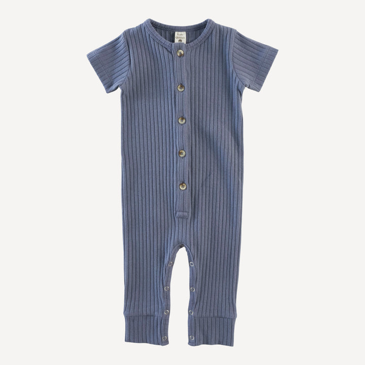 short sleeve button sport union suit | stone blue | organic cotton wide rib