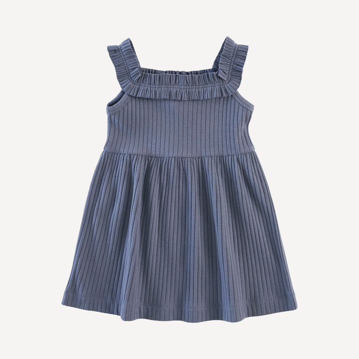 ruffle square neck dress | stone blue | organic cotton wide rib