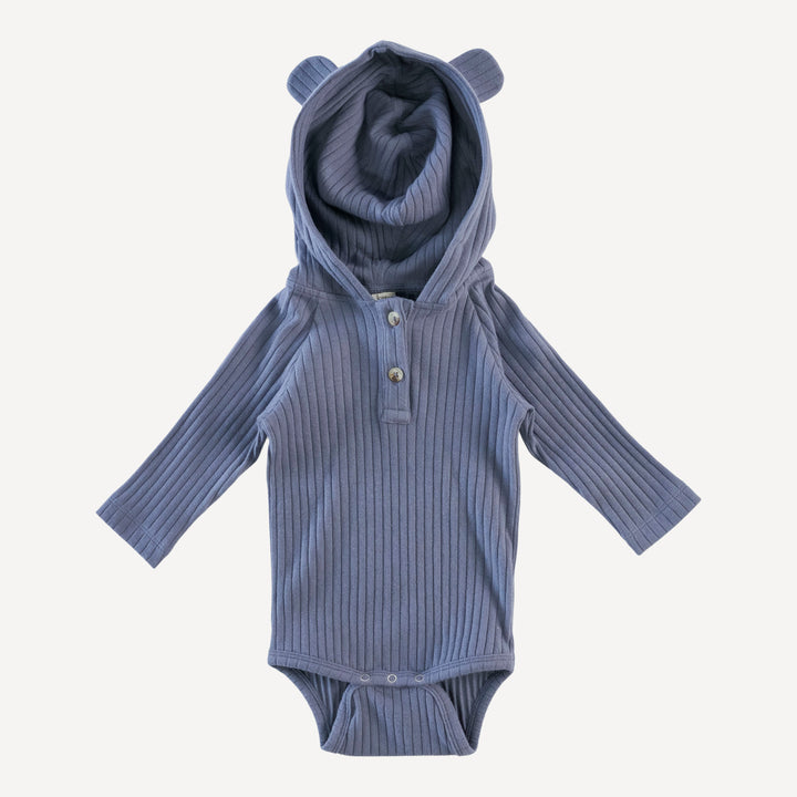long sleeve henley bear bodysuit | stone blue | organic cotton wide rib