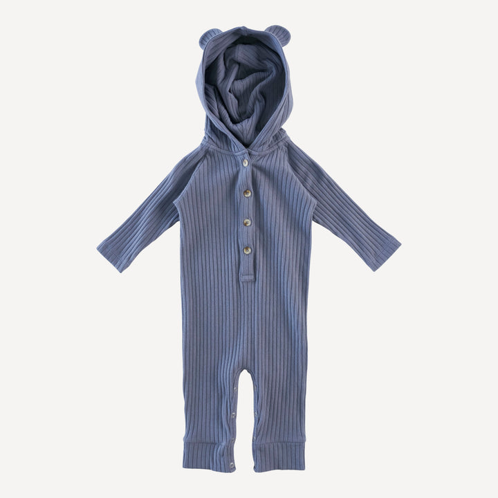 long sleeve bear hooded sport union suit | stone blue | organic cotton wide rib