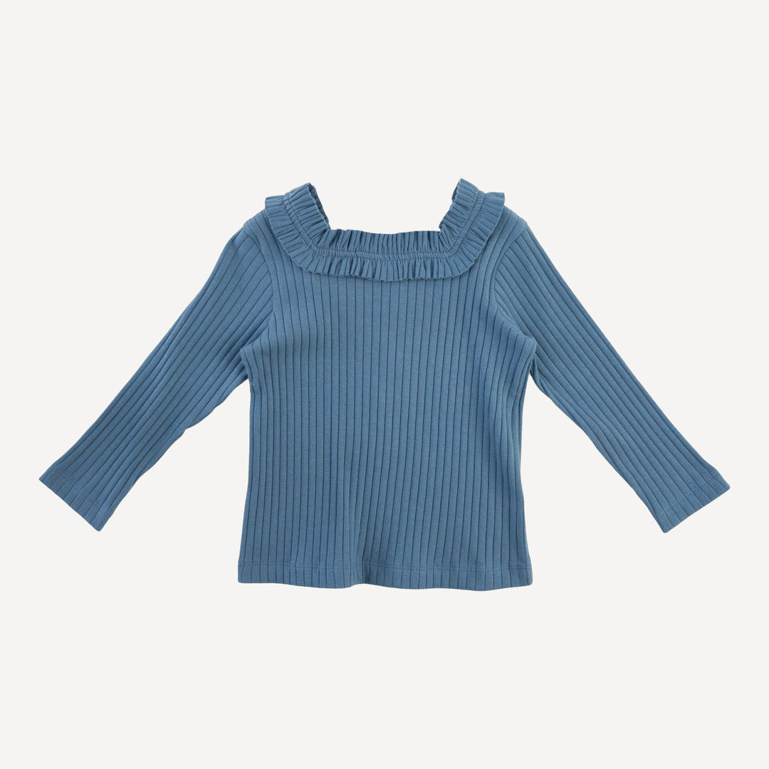 long sleeve ruffle square neck top | stone blue | organic cotton wide rib
