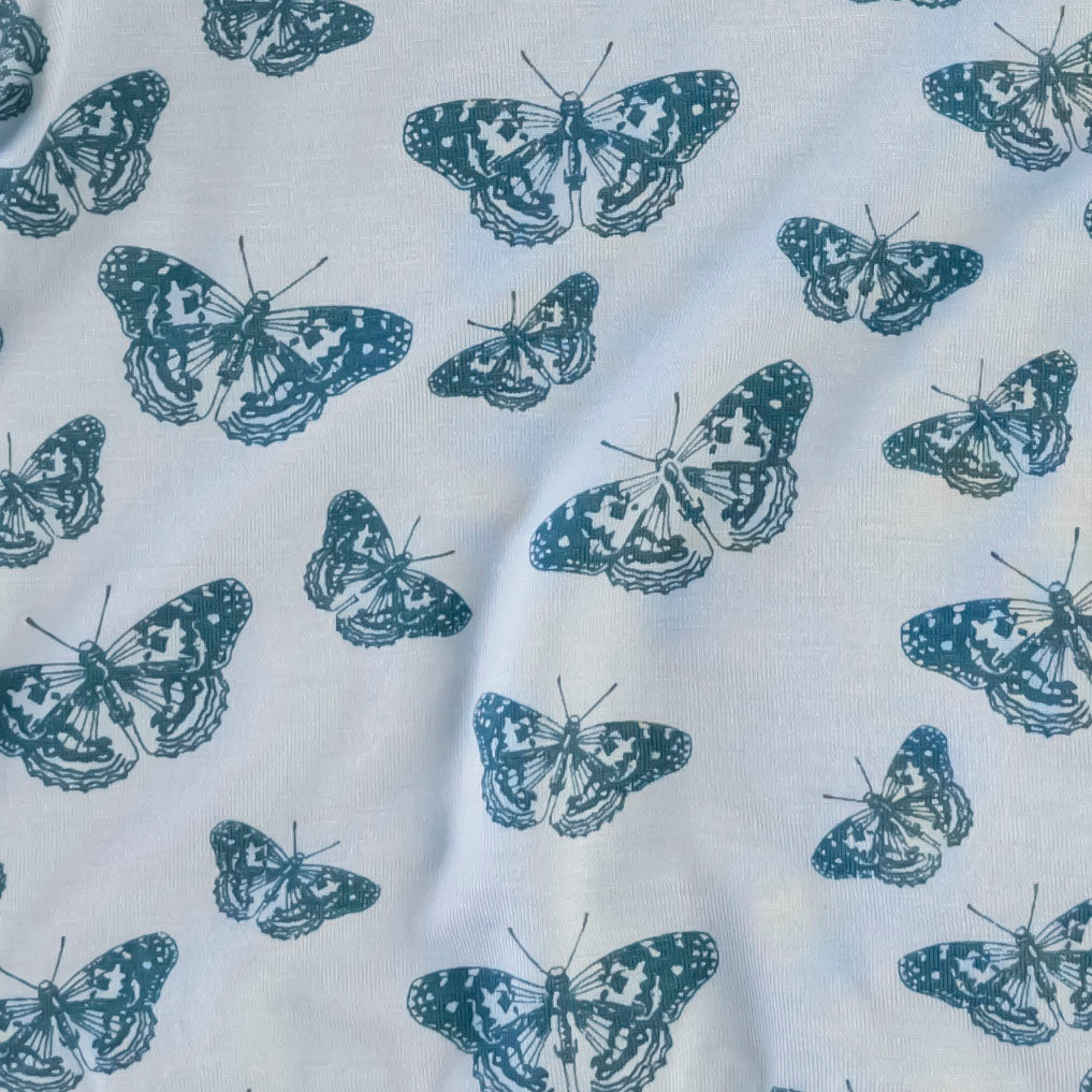 long sleeve two way zipper footie | stormy blue butterfly | bamboo