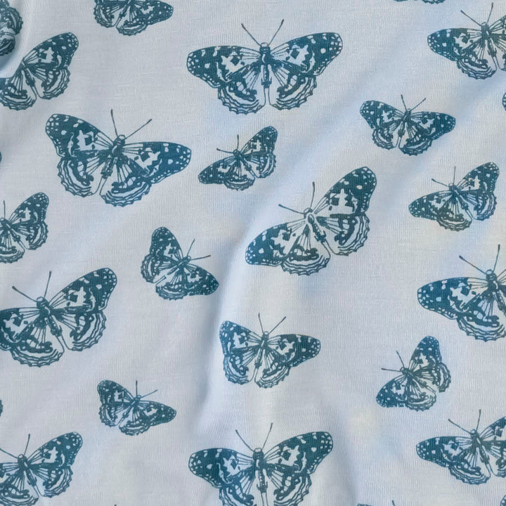 long sleeve two way zipper footie | stormy blue butterfly | bamboo