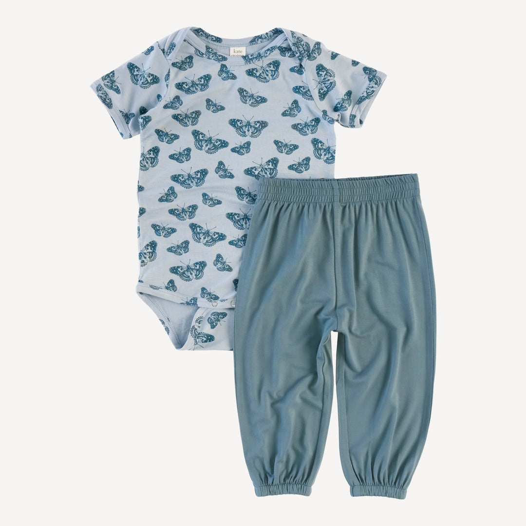 short sleeve lap neck bodysuit + relaxed jogger set | stormy blue butterfly | bamboo