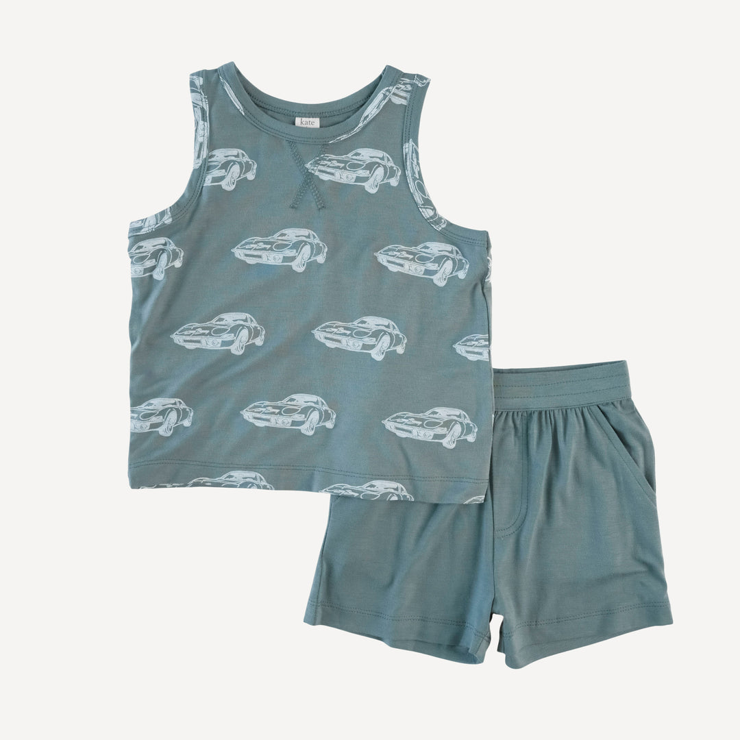 topstitch tank and relaxed short set | stormy blue cars | bamboo