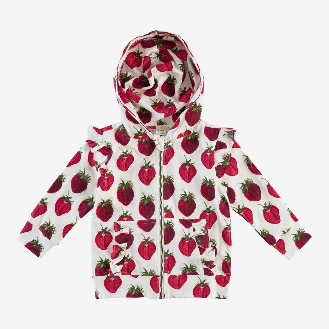 long sleeve ruffle kanga zip hoodie | strawberry | organic cotton jersey