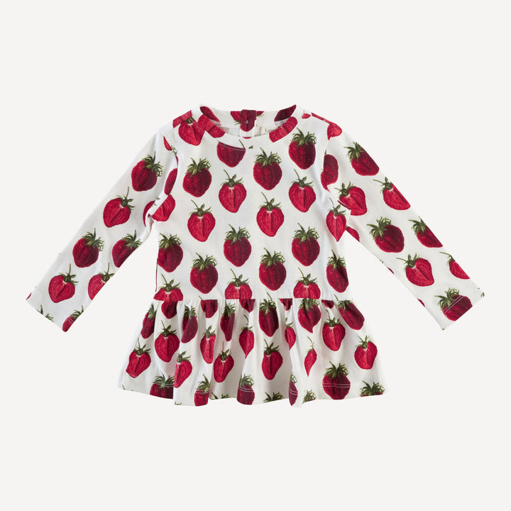 long sleeve drop waist gathered top | strawberry | organic cotton jersey