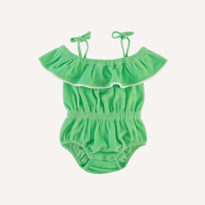 spaghetti tie ruffle off shoulder bubble with pom poms | summer green | organic cotton terry