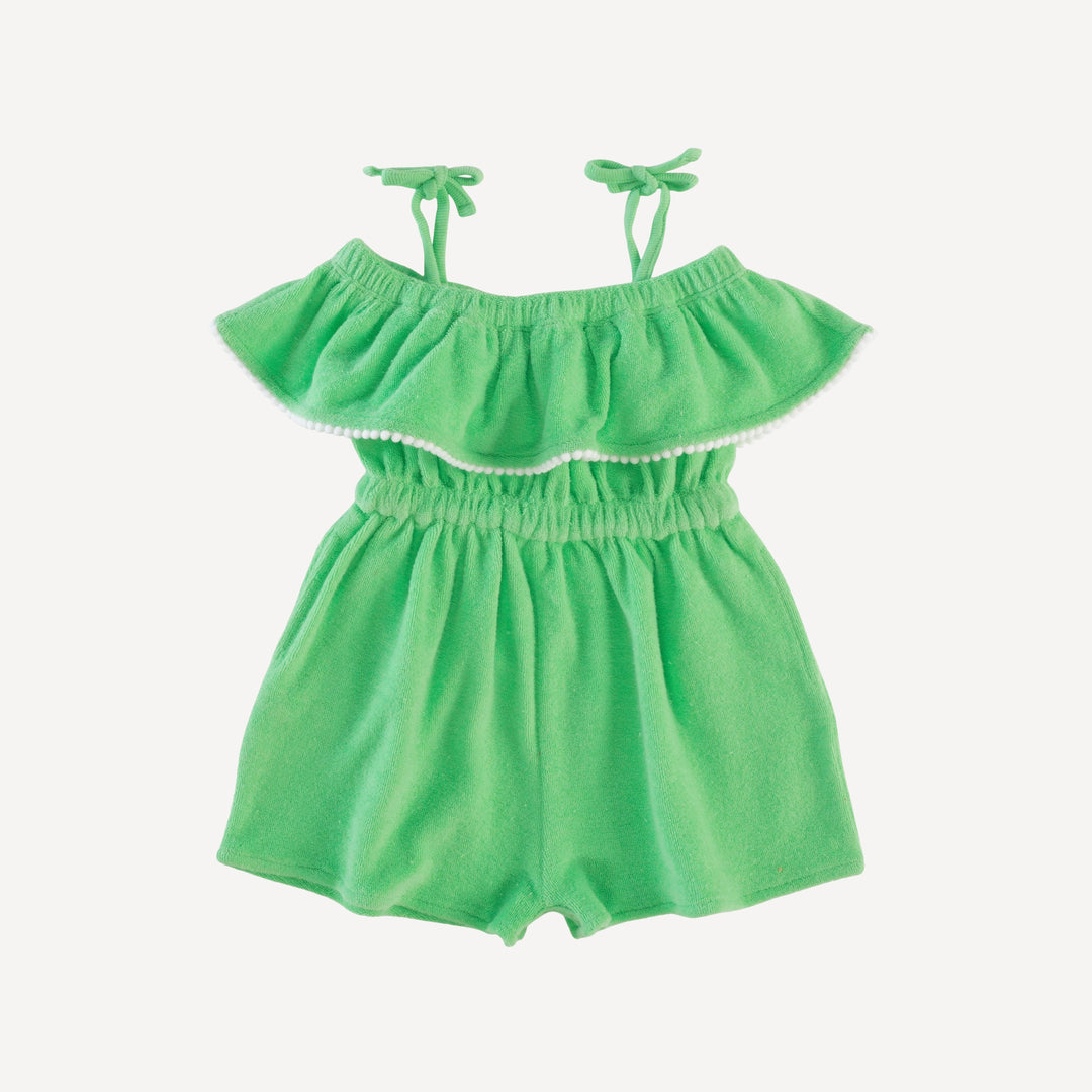 off shoulder ruffle shortie jumpsuit | summer green | organic cotton terry