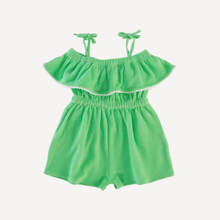 off shoulder ruffle shortie jumpsuit | summer green | organic cotton terry