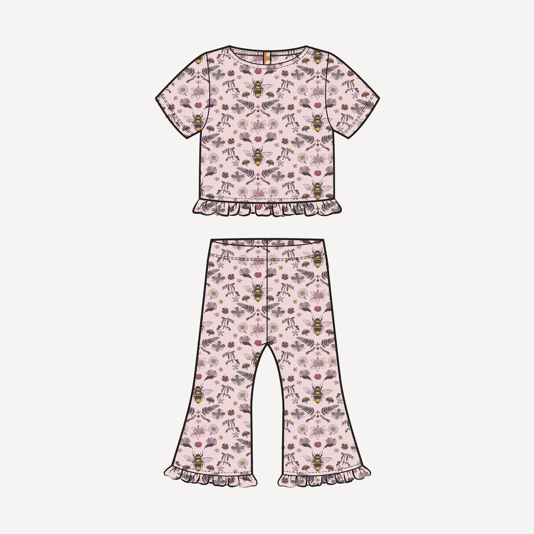 PREORDER short sleeve cropped ruffle tee + flare set | rose litho bee | bamboo