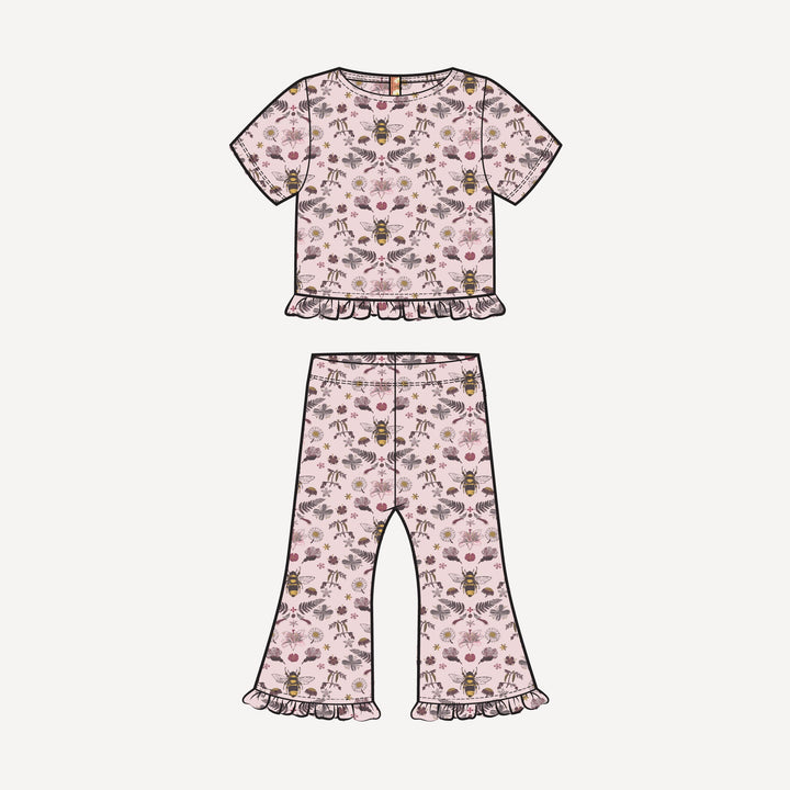 PREORDER short sleeve cropped ruffle tee + flare set | rose litho bee | bamboo