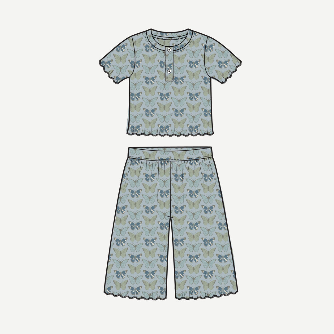 PREORDER short sleeve henley jade set | blue butterflies allover | modal