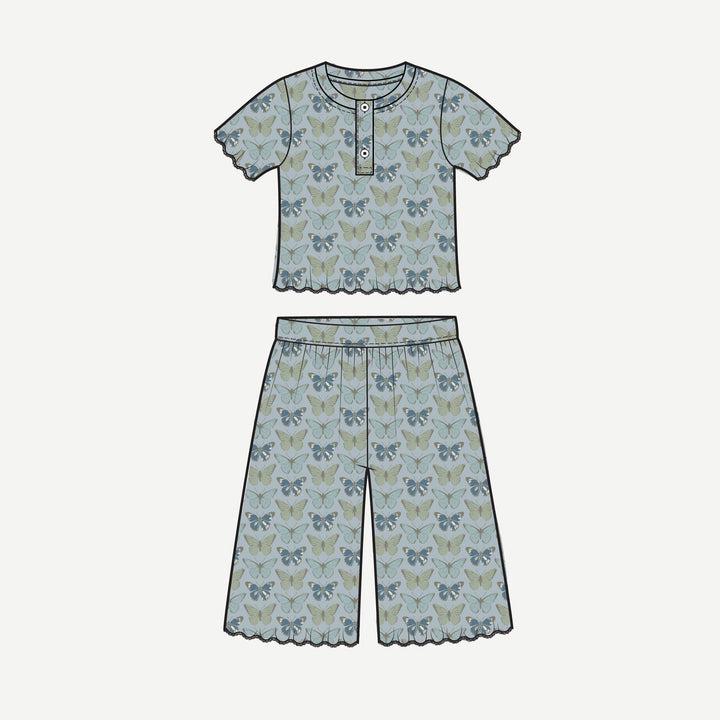 PREORDER short sleeve henley jade set | blue butterflies allover | modal