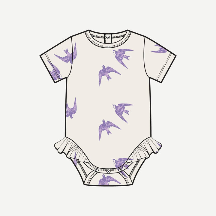 PREORDER short sleeve ruffle leg bodysuit | lavender sparrow | modal