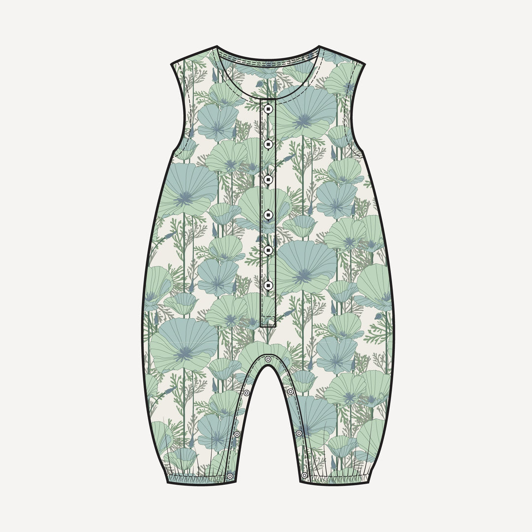 PREORDER sleeveless button bubble jumpsuit | aqua poppies | organic cotton gauze