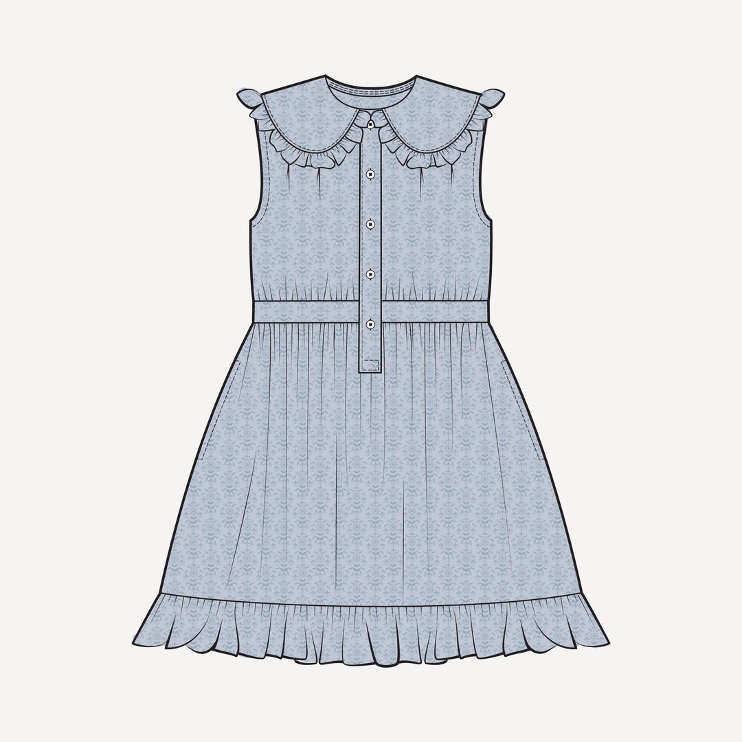 PREORDER sleeveless ruffle peter pan dress | cornflower folk wallpaper | bamboo