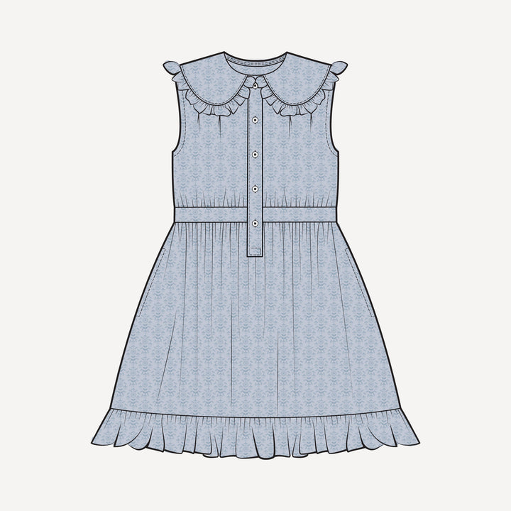 PREORDER sleeveless ruffle peter pan dress | cornflower folk wallpaper | bamboo