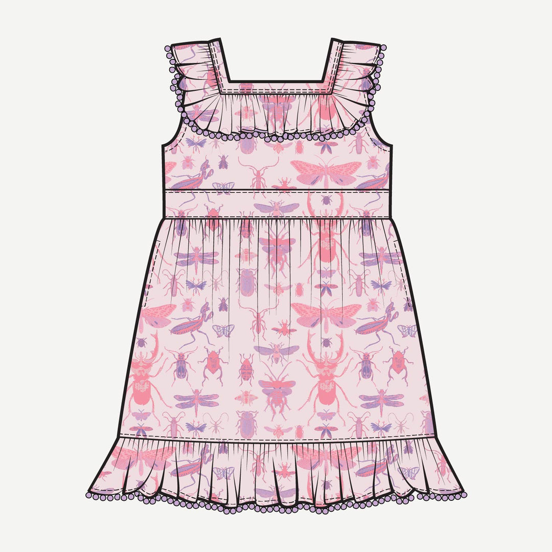 PREORDER sleeveless square neck ruffle pom pom dress | pink insects | modal