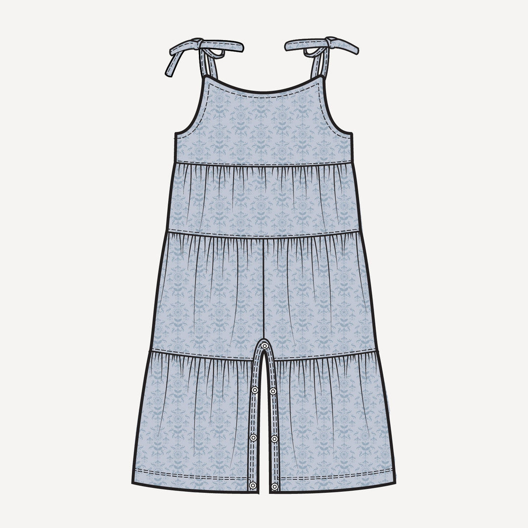 PREORDER spaghetti tie prairie gaucho jumpsuit | cornflower folk wallpaper | bamboo