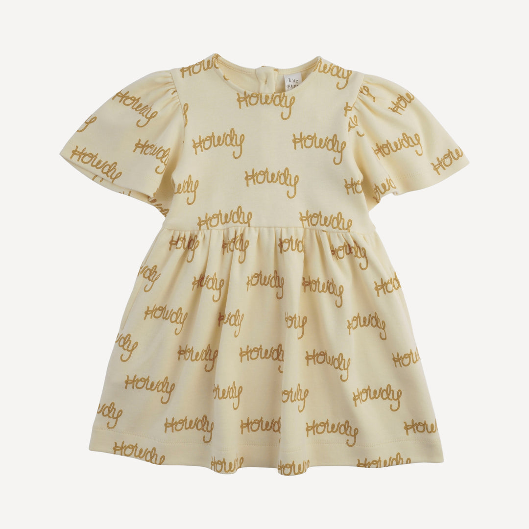 bell sleeve gathered dress | tan howdy | organic cotton interlock