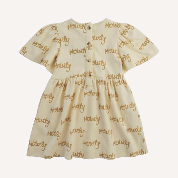 bell sleeve gathered dress | tan howdy | organic cotton interlock