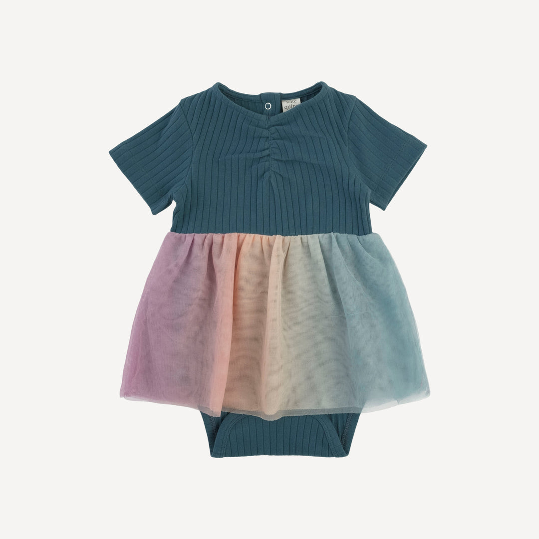 short sleeve ruched tulle skirted bodysuit | tapestry | organic cotton wide rib