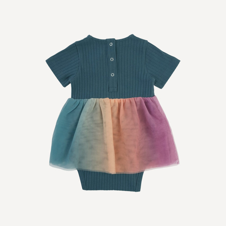short sleeve ruched tulle skirted bodysuit | tapestry | organic cotton wide rib