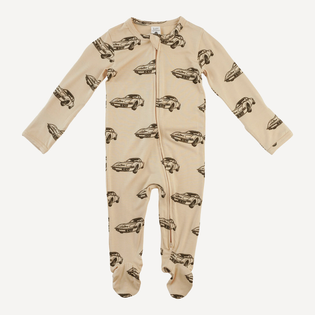 long sleeve two way zipper footie | tarmac vintage car | bamboo
