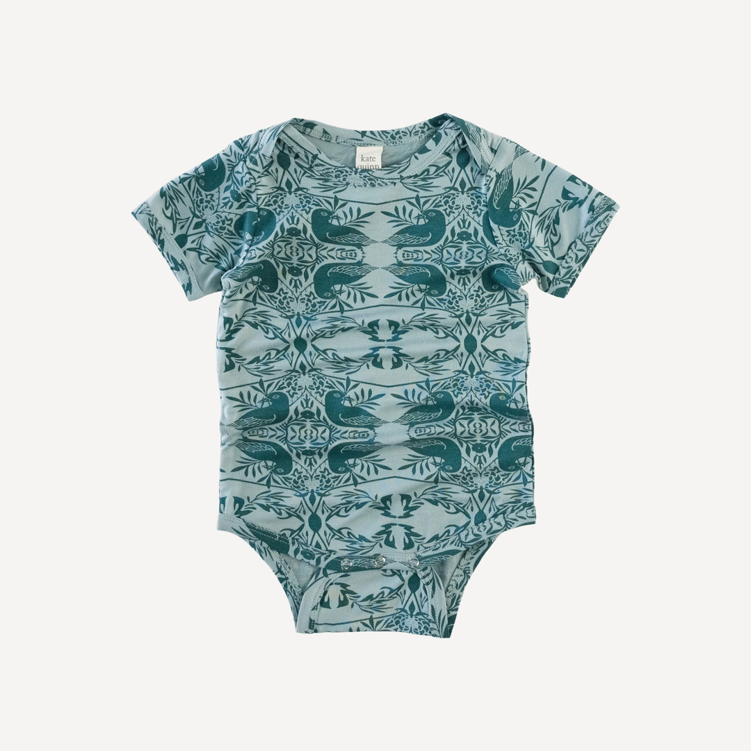 short sleeve lap neck bodysuit | teal bird nouveau | lenzing modal