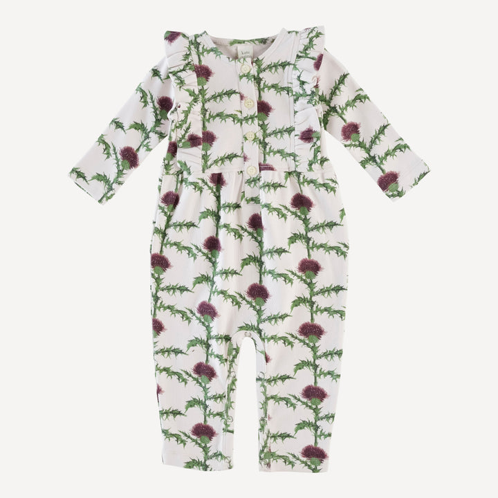 long sleeve ruffle button pinafore jumpsuit | thistle | organic cotton interlock