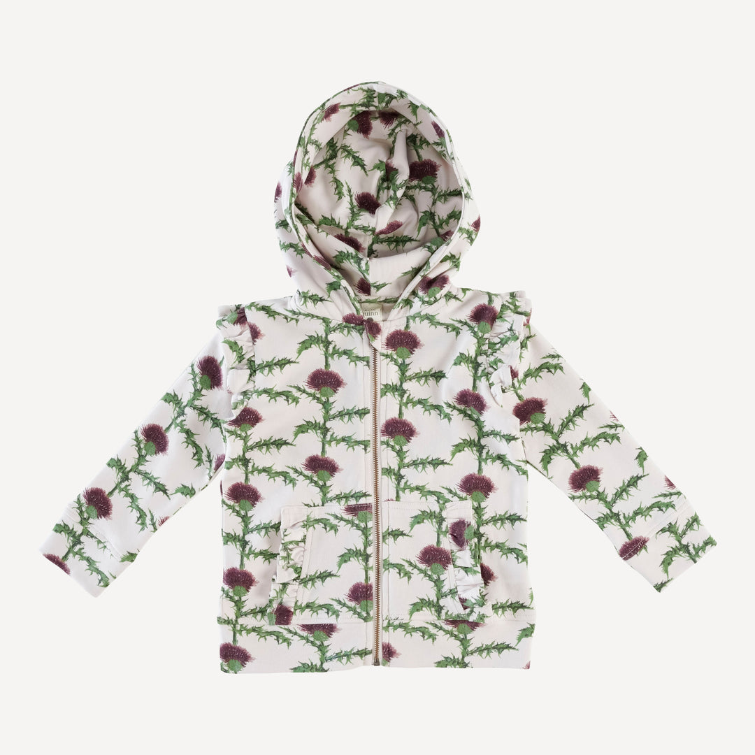 long sleeve ruffle kanga zip hoodie | thistle | organic cotton interlock