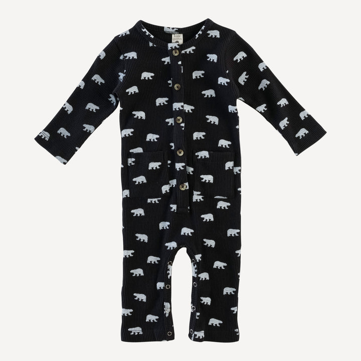 long sleeve button down pocket jumpsuit | tiny polar bear | organic cotton thermal