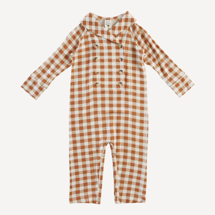 long sleeve double breasted shawl collar jumpsuit | toffee gingham | bamboo