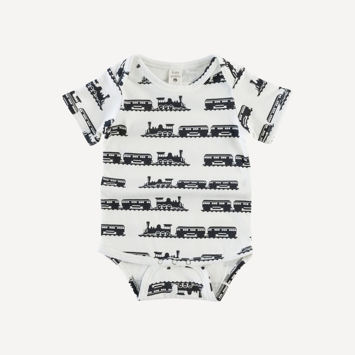 short sleeve lap neck bodysuit | trains | organic cotton jersey