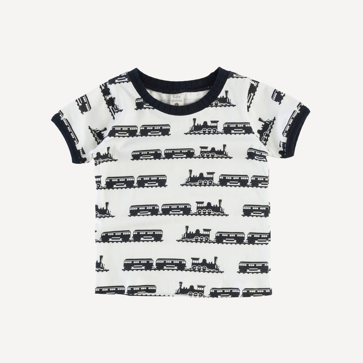 short sleeve ringer tee | trains | organic cotton jersey