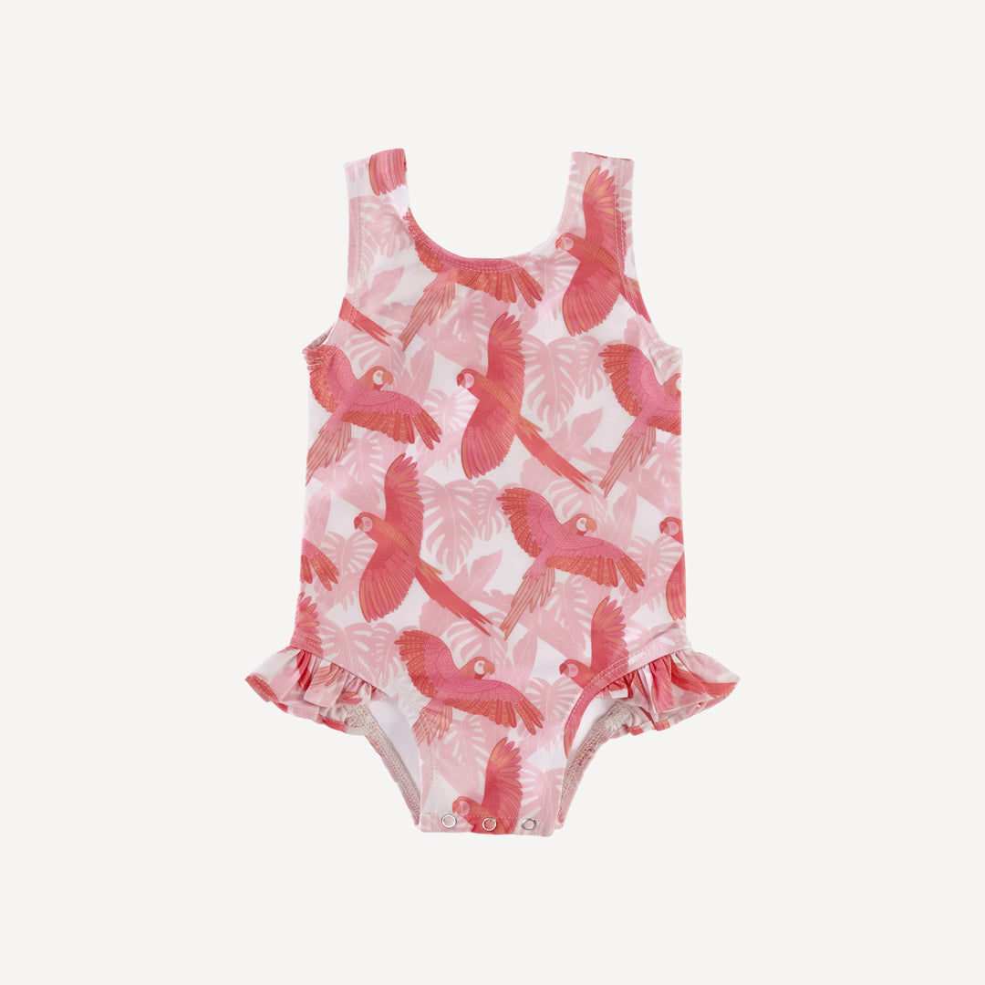 ruffle leg tank swimsuit | tropical parrots | swim