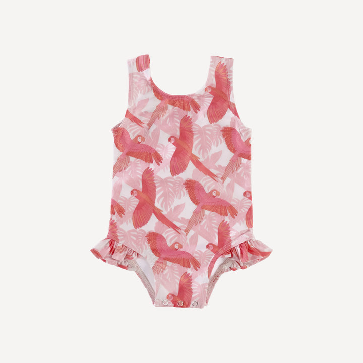 ruffle leg tank swimsuit | tropical parrots | swim