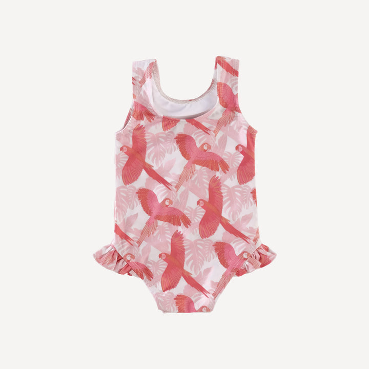 ruffle leg tank swimsuit | tropical parrots | swim