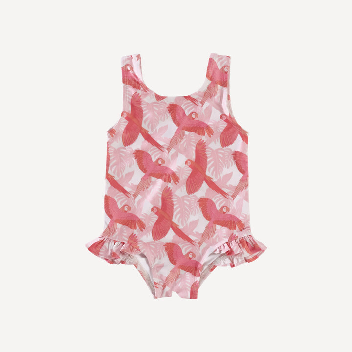 ruffle leg tank swimsuit | tropical parrots | swim