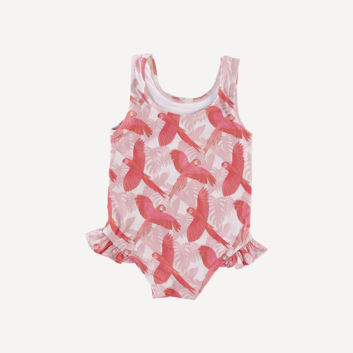 ruffle leg tank swimsuit | tropical parrots | swim