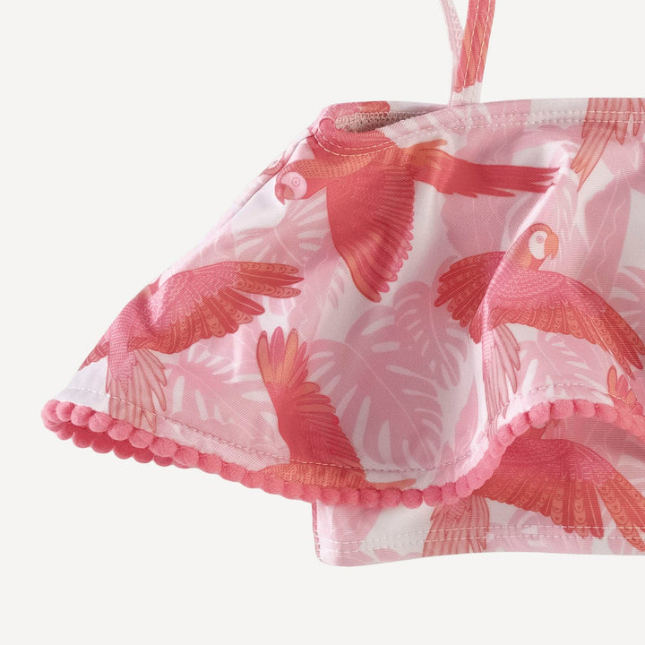 ruffle pom pom bikini swim set | tropical parrots | swim