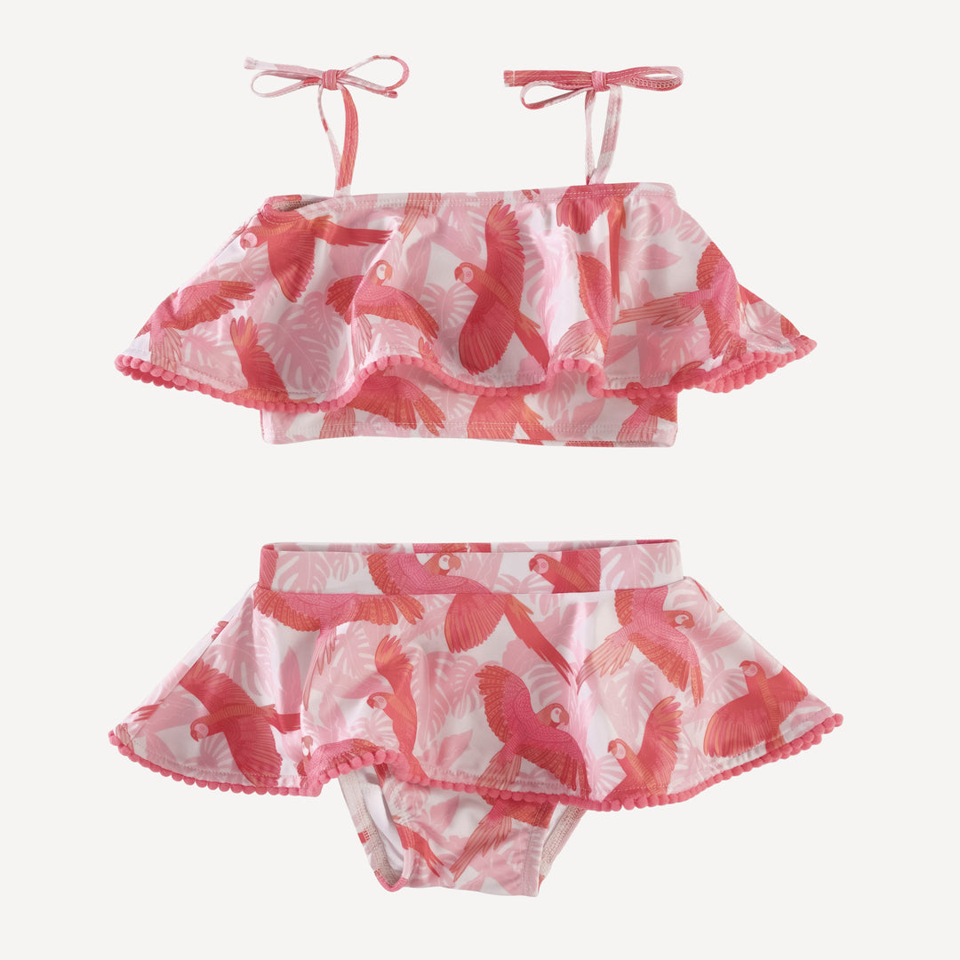 ruffle pom pom bikini swim set | tropical parrots | swim