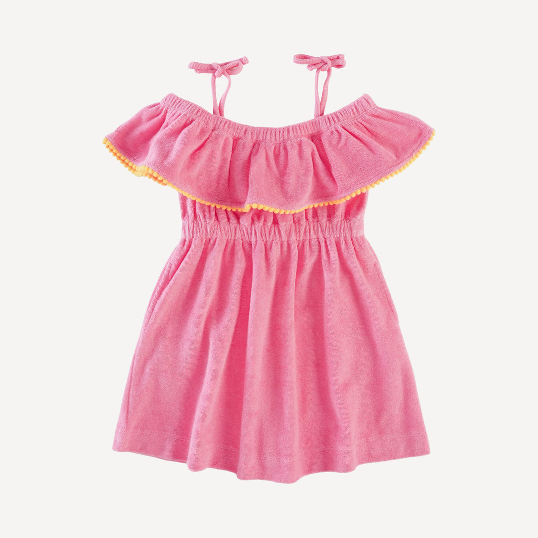 off shoulder ruffle dress | tropical pink | organic cotton terry