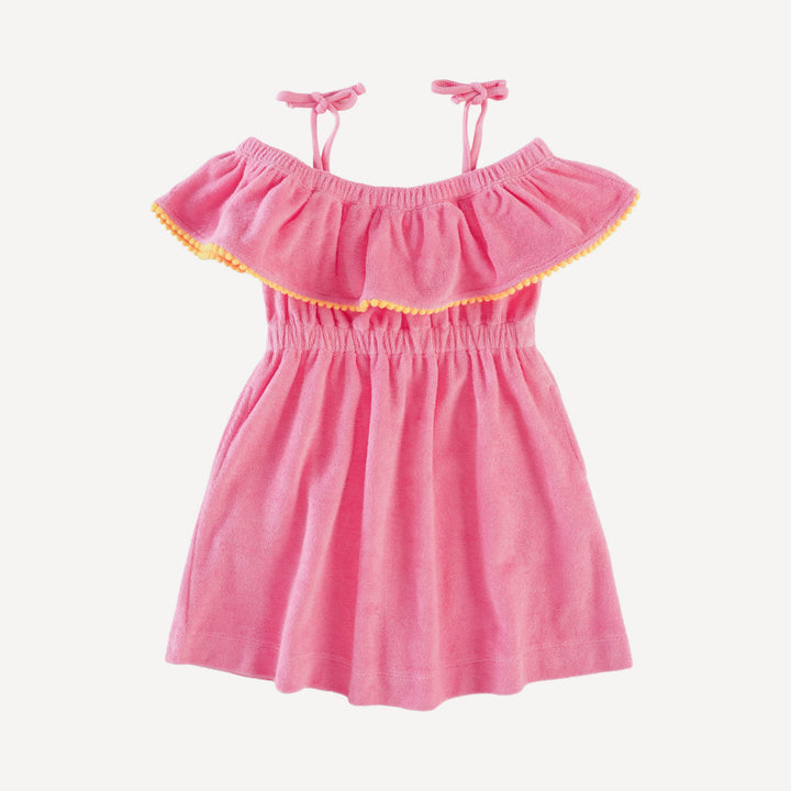 off shoulder ruffle dress | tropical pink | organic cotton terry