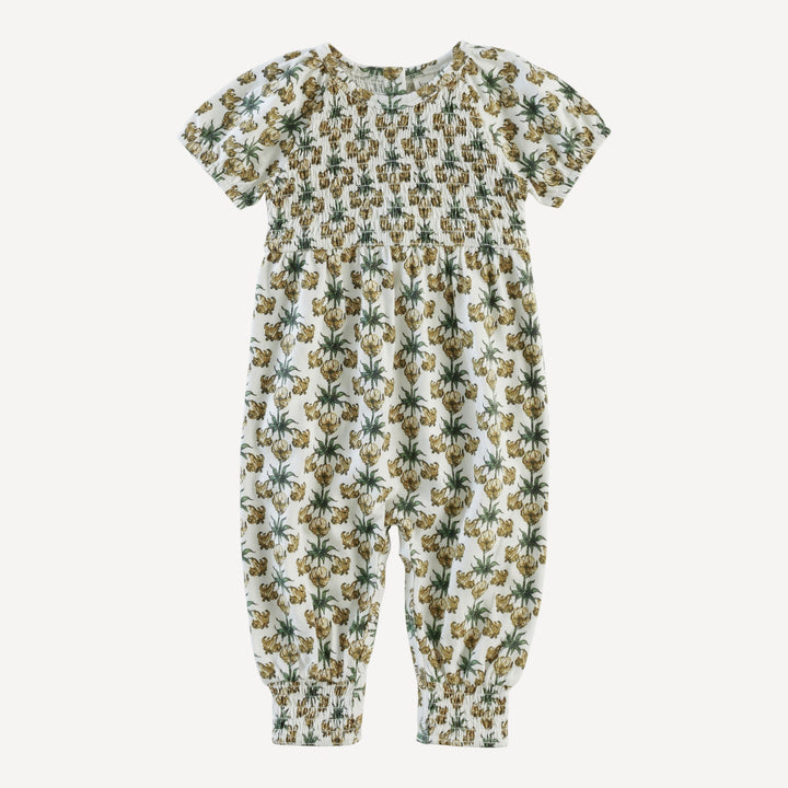 short sleeve puff smocked jumpsuit | trumpet vine | organic cotton jersey