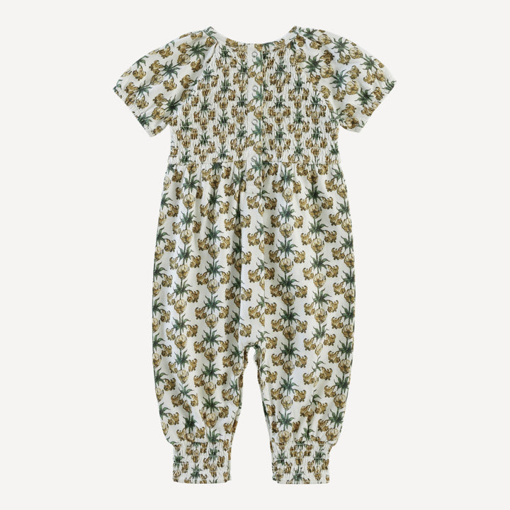 short sleeve puff smocked jumpsuit | trumpet vine | organic cotton jersey